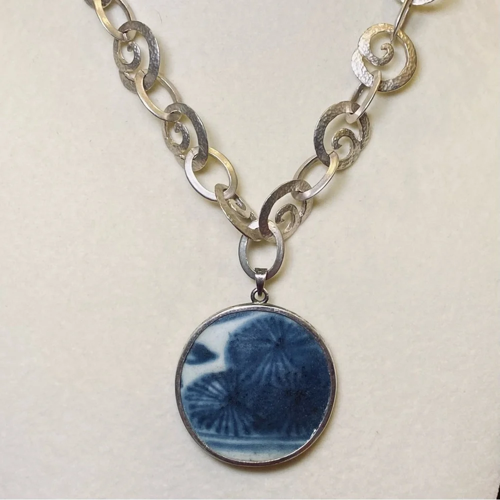 Hand made Sterling OOAK Sterling Upcycled Japanese Pottery Pendant and Chain